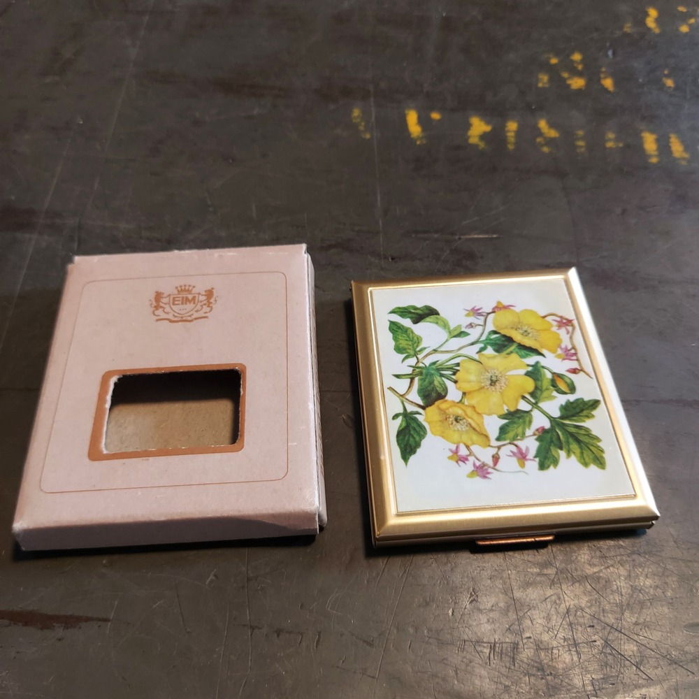 Vintage EIM Gold Tone Pocket Telephone Address Book Mirror Yellow Floral Boxed